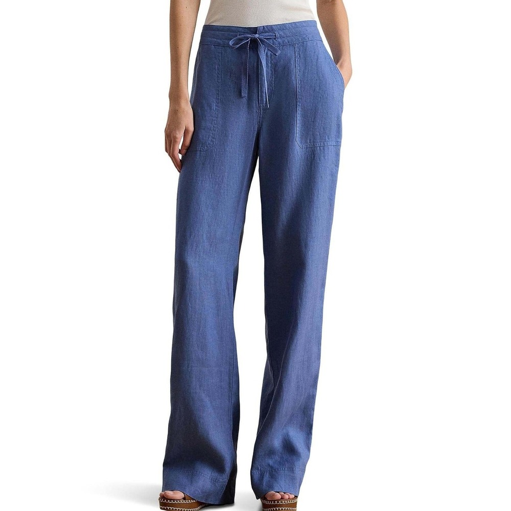 NWT Lauren Ralph Lauren 100% Linen Pants Women's 4 Blue  Wide Leg Casual